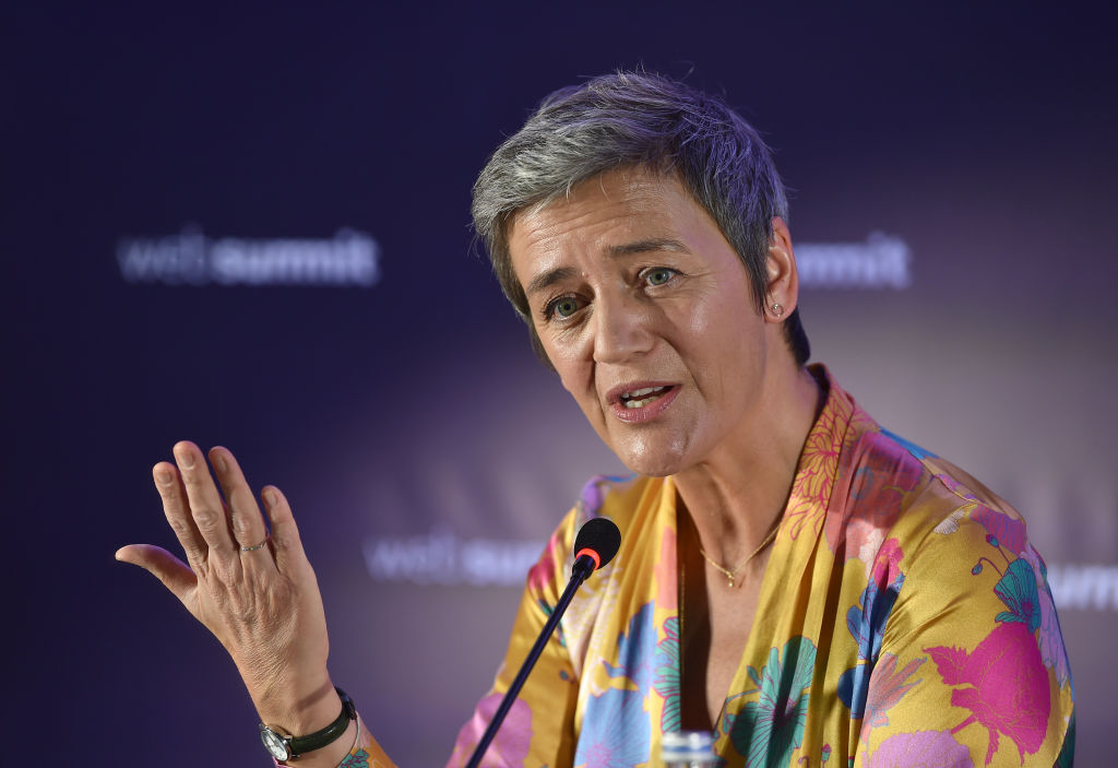 LISBON, PORTUGAL - NOVEMBER 07:  Margrethe Vestager, European Commission, attends a press conference during the second day of Web Summit 2018, the global technology conference hosted annually on November 7, 2018 in Lisbon, Portugal. In 2018, more than 70,000 attendees from over 170 countries will fly to Lisbon for Web Summit, including over 1,500 startups, 1,200 speakers and 2,600 international journalists.  (Photo by Diarmuid Greene /Web Summit via Getty Images)