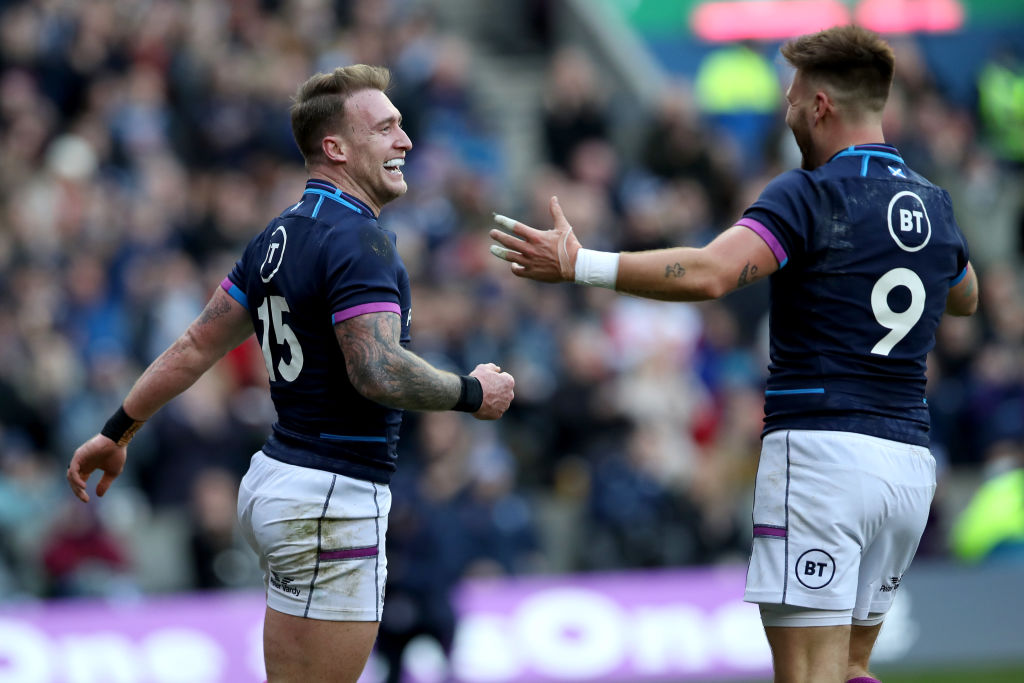 EDINBURGH, SCOTLAND - NOVEMBER 20: Stuart Hogg of Scotland celebrates his try during the Autumn Nations Series match between Scotland and Japan at Murrayfield Stadium on November 20, 2021 in Edinburgh, Scotland. (Photo by Ian MacNicol/Getty Images)