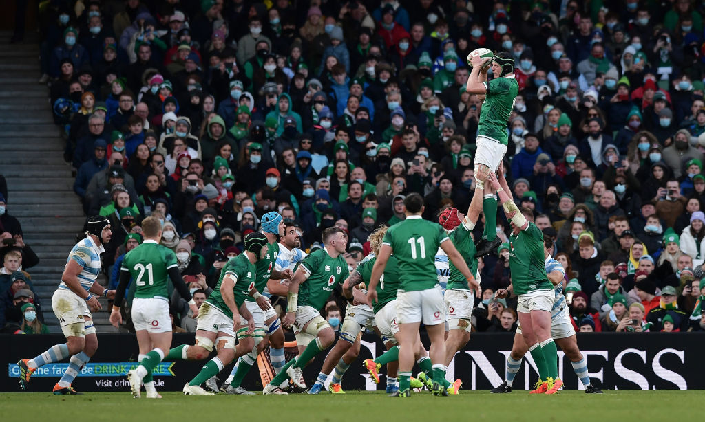 DUBLIN, IRELAND - NOVEMBER 21:  Ryan Baird of Ireland wins a lineout during the Vodafone Series match between Ireland and Argentina at Aviva Stadium on November 21, 2021 in Dublin, Ireland. (Photo by Charles McQuillan/Getty Images)