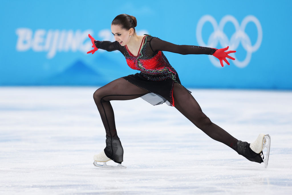 BEIJING, CHINA - FEBRUARY 17: Kamila Valieva of Team ROC skates during the Women Single Skating Free Skating on day thirteen of the Beijing 2022 Winter Olympic Games at Capital Indoor Stadium on February 17, 2022 in Beijing, China. (Photo by Matthew Stockman/Getty Images)