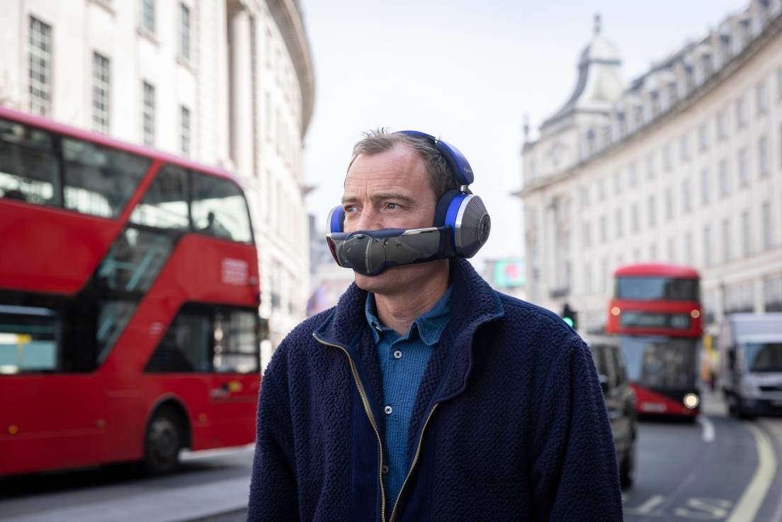 Jake Dyson unveils the new Dyson Zone air-purifying headphones, (Photo credit: Matt Alexander/PA wire)