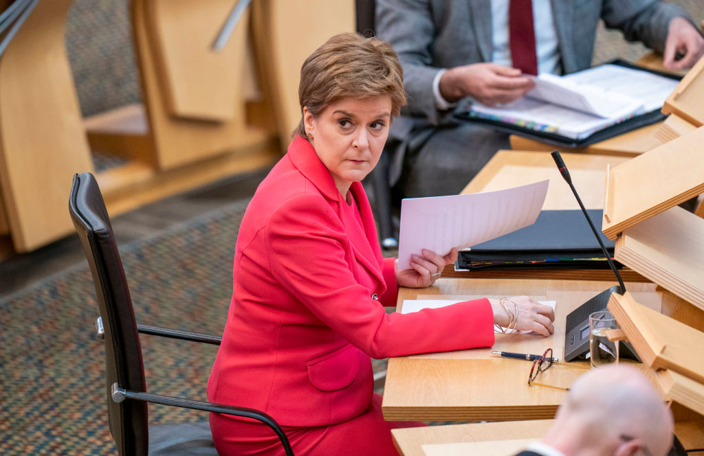 EDINBURGH, SCOTLAND - FEBRUARY 24: Scotland's First Minister Nicola Sturgeon during First Minster's Questions at the Scottish Parliament in Holyrood on February 24, 2022 in Edinburgh, Scotland. (Photo by Jane Barlow - Pool/Getty Images)