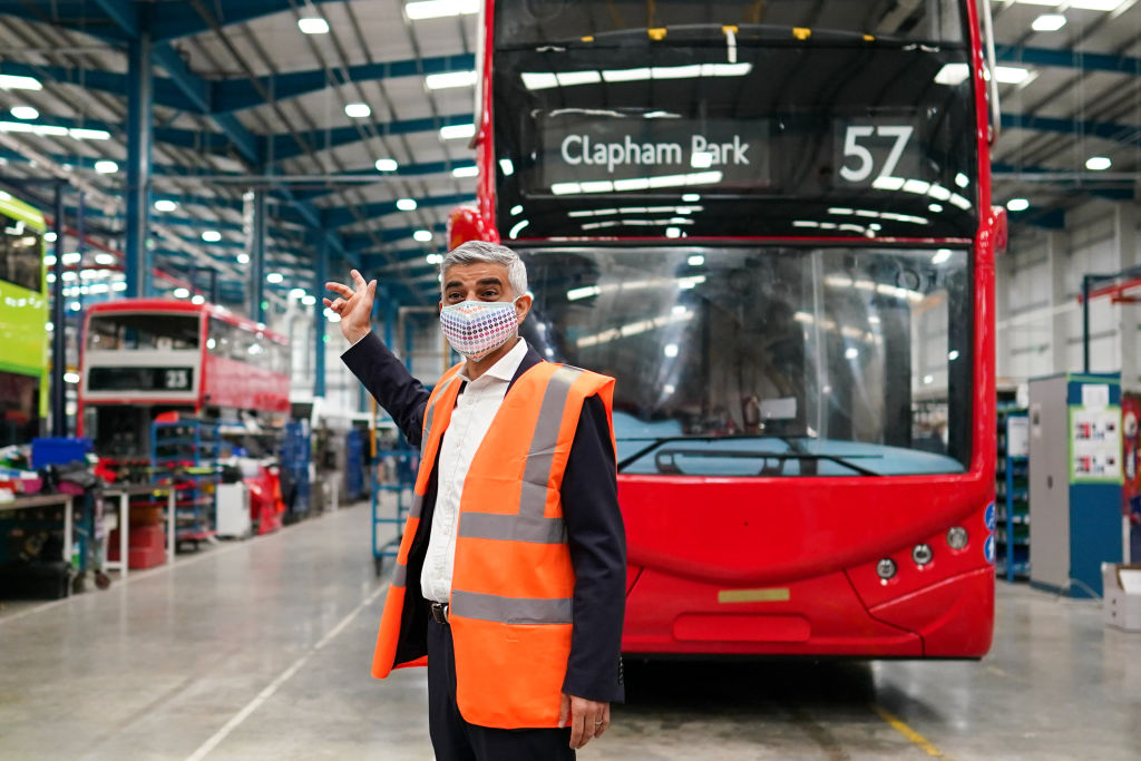 LEEDS, ENGLAND - MAY 19: Sadiq Khan, Mayor of London visits the electric bus manufacturer Switch Mobility in Yorkshire on May 19, 2021 in Leeds, England. The visit comes to see the affects that green investment from Transport for London is having in different parts of the country. There are currently 67 Switch electric buses in operation in London’s London fleet, and Switch estimate that around 50 per cent of their revenue last year was from TfL contracts. (Photo by Ian Forsyth/Getty Images)