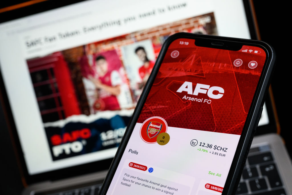 LONDON, ENGLAND - JANUARY 28: The Socios.com app and website display details on Premiership football club Arsenal's "$AFC Fan Token", a form of cryptoasset, on January 28, 2022 in London, England. The digital token provides the owner with certain voting rights on official club decisions and gives them the opportunity to earn real-life and digital club-related benefits and experiences.  Warnings have been issued relating to the potential fluctuations of the value of the $AFC token, purchased using Chiliz crypto currency, as fans begin to trade the cryptoasset. (Photo by Leon Neal/Getty Images)