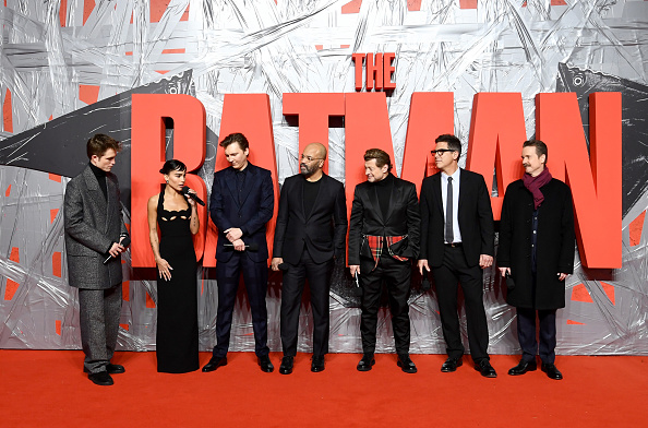 LONDON, ENGLAND - FEBRUARY 23:  (L-R) Robert Pattinson, Zoe Kravitz, Paul Dano, Jeffrey Wright, Andy Serkis, Dylan Clark and Matt Reeves attend "The Batman" special screening at BFI IMAX Waterloo on February 23, 2022 in London, England. (Photo by Gareth Cattermole/Getty Images for Warner Bros.)