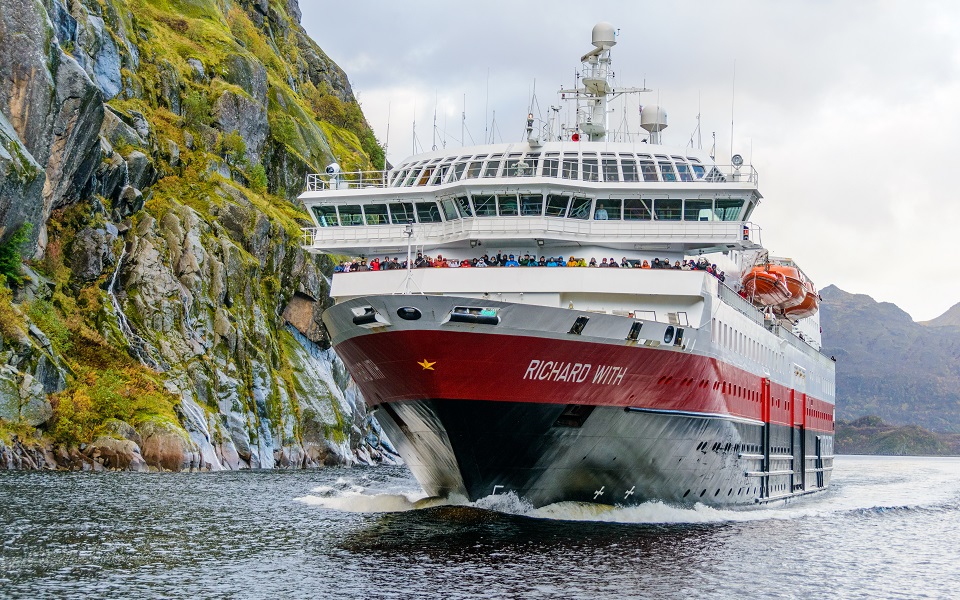 A photo taken from the sea eagle safari boat as MS Richard With travels up the fjord.