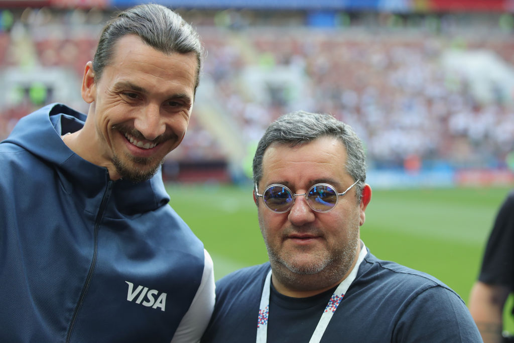 Mino Raiola with Zlatan Ibrahimovic  prior to the 2018 FIFA World Cup. Raiola has died aged 54.