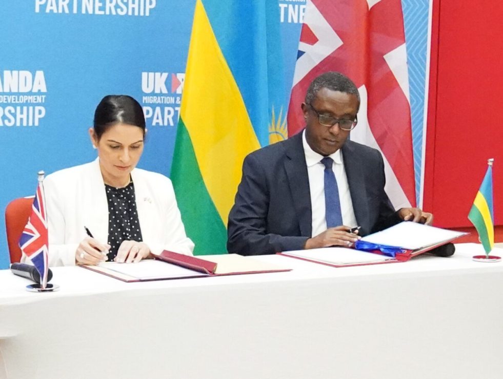 Home Secretary Priti Patel and Rwandan minister for foreign affairs and international co-pperation, Vincent Biruta, in Kigali, Rwanda in April 