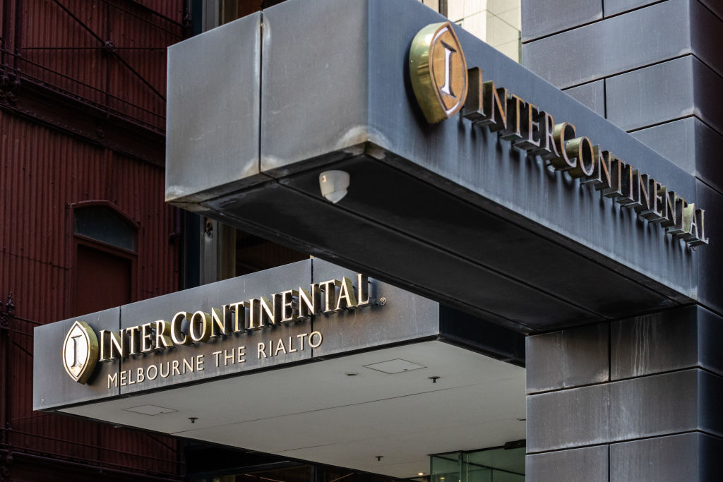 MELBOURNE, AUSTRALIA - APRIL 08: A general view of signage of the Intercontinental Hotel on April 08, 2021 in Melbourne, Australia. International passenger flights resume flying into Melbourne from Thursday, with Victoria introducing new hotel quarantine measures. International flights were banned in mid-February after Victoria went into a snap five-day lockdown following a COVID-19 outbreak linked to the Holiday Inn Melbourne Airport hotel, which saw the more virulent UK strain of the virus leak from the quarantine system and into the community. International arrivals will be capped at 800 in the first week, with the cap extending to 100 as more hotels become operational. (Photo by Asanka Ratnayake/Getty Images)