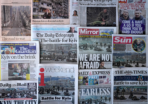 LONDON, ENGLAND - FEBRUARY 27: Photo illustration shows front pages of British newspapers on February 27, 2022 in London, England. Russia's large-scale invasion of Ukraine has killed scores of civilians and military personnel. (Photo by Edward Smith/Getty Images)