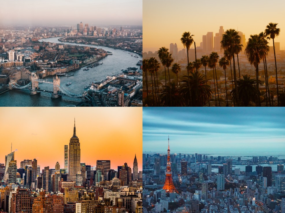 London, LA, New York and Tokyo (Unsplash: Benjamin Davies,  Cedric Letsch, Michael Discenza and  Louie Martinez)