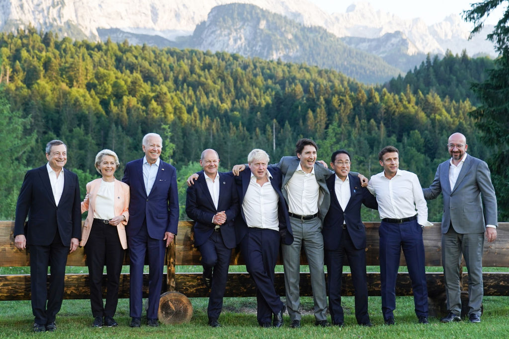 G7 leaders (clockwise from front) Prime Minister of Italy Mario Draghi,  European Union Council Commission President Ursula von der Leyen, US President Joe Biden, German Chancellor Olaf Scholz, British Prime Minister Boris Johnson,  Prime Minister of Canada Justin Trudeau, Prime Minister of Japan Fumio Kishida, French President Emanuel Macron and European Union Council President Charles Michel.