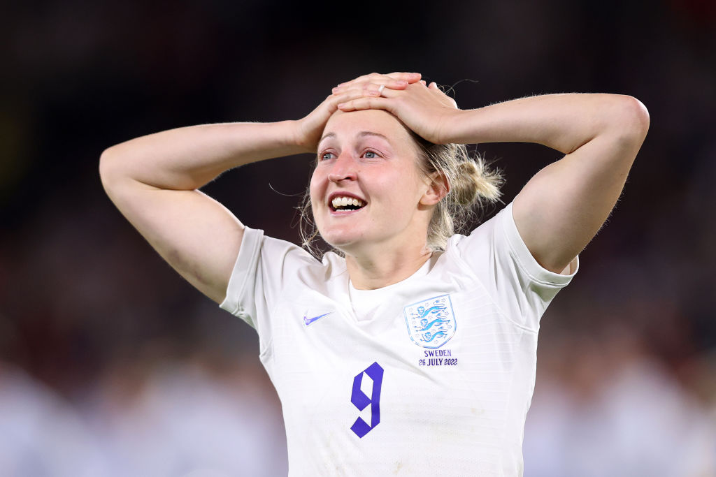 SHEFFIELD, ENGLAND - JULY 26: Ellen White of England celebrates with the fans and family following her teams victory in the UEFA Women's Euro 2022 Semi Final match between England and Sweden at Bramall Lane on July 26, 2022 in Sheffield, England. (Photo by Naomi Baker/Getty Images)