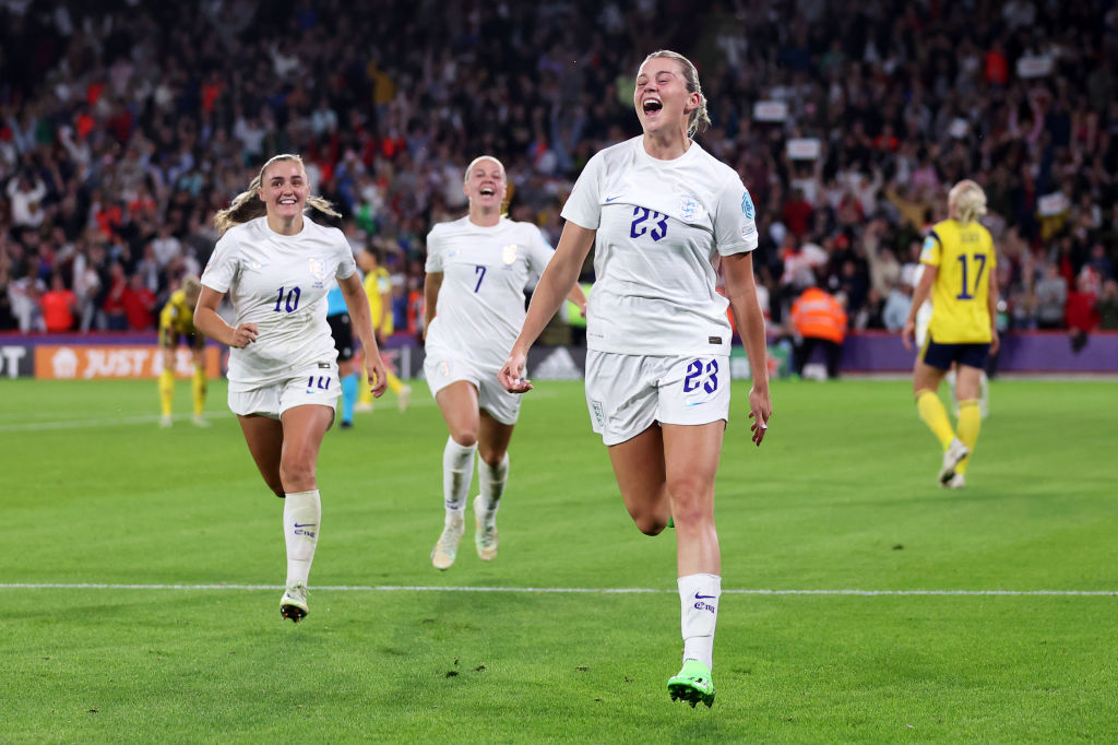 SHEFFIELD, ENGLAND - JULY 26: Alessia Russo of England celebrates scoring their side's third goal during the UEFA Women's Euro 2022 Semi Final match between England and Sweden at Bramall Lane on July 26, 2022 in Sheffield, England. (Photo by Naomi Baker/Getty Images)