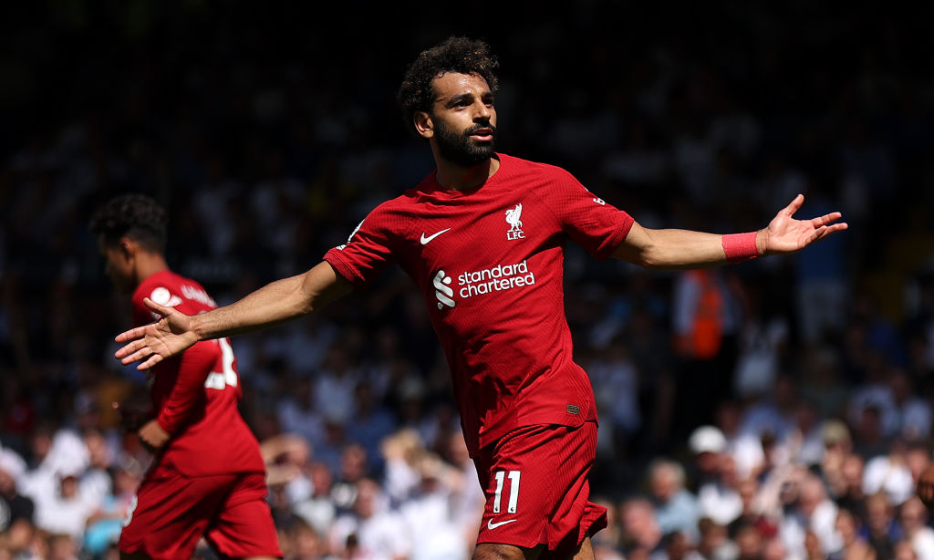 LONDON, ENGLAND - AUGUST 06: Mohamed Salah of Liverpool celebrates scoring their side's second goal during the Premier League match between Fulham FC and Liverpool FC at Craven Cottage on August 06, 2022 in London, England. (Photo by Julian Finney/Getty Images)