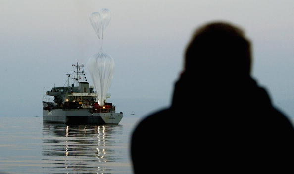 The Qinetiq 1 balloon is inflated from a ship off the Cornwall coast September 3, 2003 near St Ives, Cornwall, England. The balloon, with pilots Colin Prescot and Andy Elson on board will attempt to set a world altitude record for a balloon by flying to the edge of space at a height of 132,000 feet. The launch was aborted after the balloon was ripped during inflation. (Photo by Ian Waldie/Getty Images) 