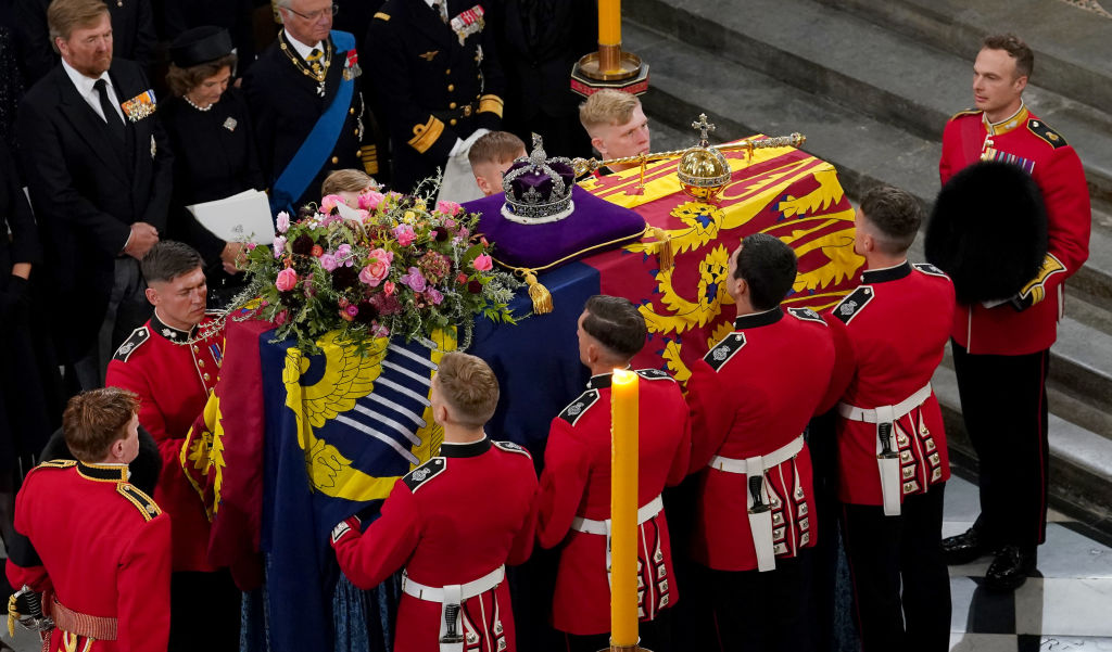 Sky News had record viewing figures online, as millions watched scenes like this, where the bearer party tends to the coffin of Queen Elizabeth II as it is taken from Westminster Abbey on September 19, . (Photo by Gareth Fuller - WPA Pool/Getty Images)