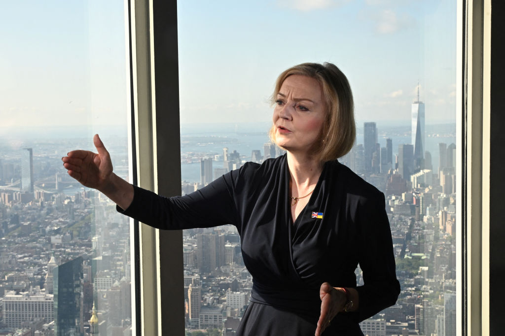 NEW YORK, NEW YORK - SEPTEMBER 20:  British Prime Minister Liz Truss speaks to the media at the Empire State building as World leaders begin to gather for the 77th UN General Assembly, on September 20, 2022 in New York City. After two years of holding the session virtually or in a hybrid format, 157 heads of state and representatives of government are expected to attend the General Assembly in person. (Photo by Toby Melville - Pool/Getty Images)
