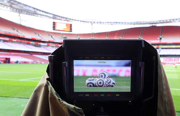 LONDON, ENGLAND - MAY 09: A general view inside the stadium is seen through a TV camera prior to the Premier League match between Arsenal and West Bromwich Albion at Emirates Stadium on May 09, 2021 in London, England. Sporting stadiums around the UK remain under strict restrictions due to the Coronavirus Pandemic as Government social distancing laws prohibit fans inside venues resulting in games being played behind closed doors. (Photo by Richard Heathcote/Getty Images)