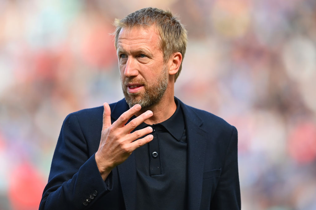 MANCHESTER, ENGLAND - AUGUST 07: Brighton manager Graham Potter looks on during the Premier League match between Manchester United and Brighton & Hove Albion at Old Trafford on August 07, 2022 in Manchester, England. (Photo by Michael Regan/Getty Images)