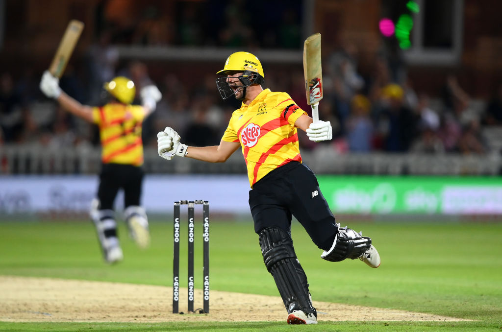 LONDON, ENGLAND - SEPTEMBER 03: Lewis Gregory and Luke Wood of Trent Rockets celebrates victory during the Hundred Final match between Trent Rockets and Manchester Originals at Lord's Cricket Ground on September 03, 2022 in London, England. (Photo by Alex Davidson/Getty Images)
