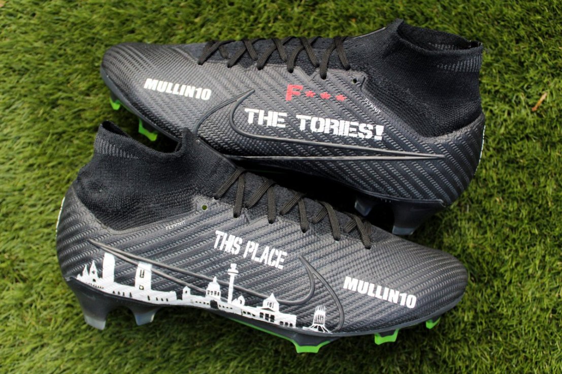 Image shared online by Mullin showing the boots with the offensive phrase. 