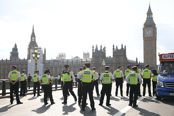 LONDON, ENGLAND - APRIL 15: Metropolitan Police reopen Westminster Bridge after it was blocked by Extinction Rebellion protestors on April 15, 2022 in London, England. The climate activists blocked four main bridges in central London today. (Photo by Hollie Adams/Getty Images)