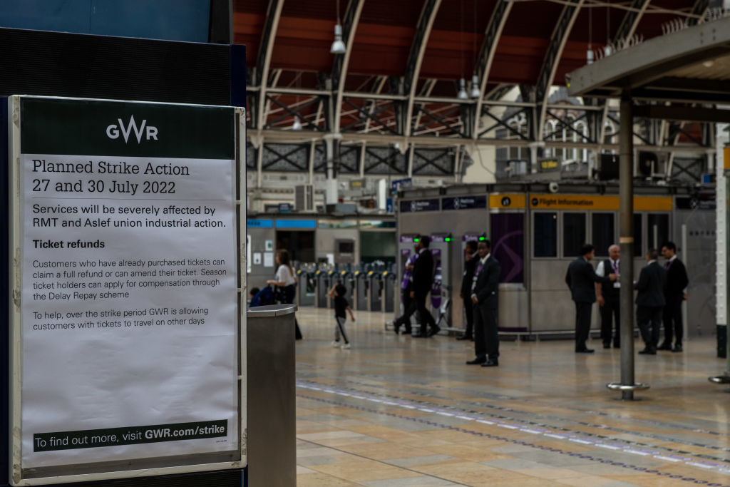 LONDON, ENGLAND - JULY 30: A notice at Paddington station during industrial strike action by ASLEF on July 30, 2022 in London, United Kingdom. ASLEF Union says that train drivers have not had a pay rise since 2019 and coupled with inflation expected to rise to 11% this Autumn, it amounts to a substantial pay cut. (Photo by Chris J Ratcliffe/Getty Images)