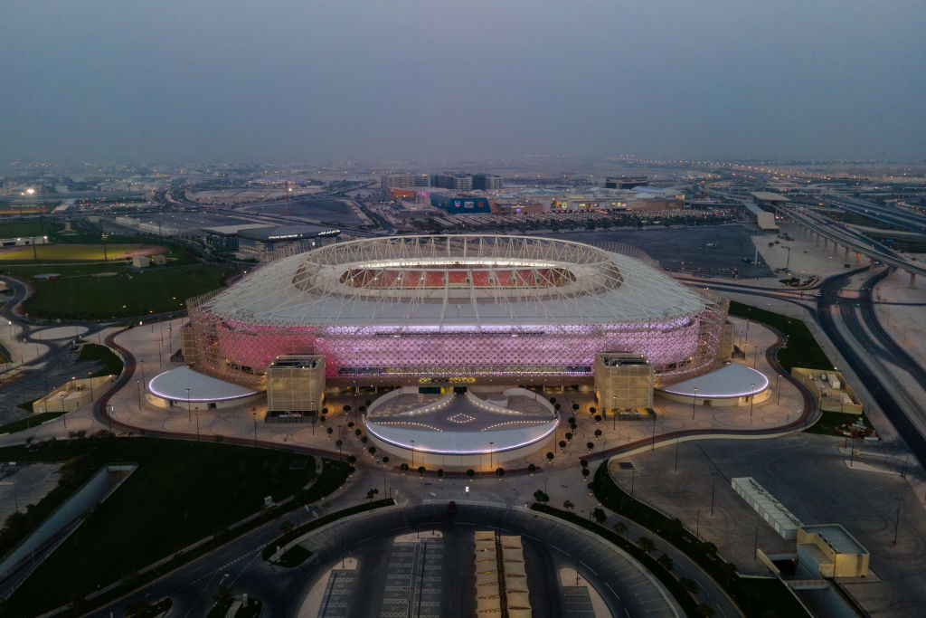 DOHA, QATAR - JUNE 23: (EDITORS NOTE: This photograph was taken using a drone) An aerial view of Ahmad Bin Ali stadium at sunset on June 23, 2022 in Al Rayyan, Qatar. Ahmad Bin Ali stadium, designed by Pattern Design studio is a host venue of the FIFA World Cup Qatar 2022 starting in November. (Photo by David Ramos/Getty Images)