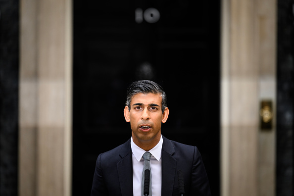 LONDON, ENGLAND - OCTOBER 25: British Prime Minister Rishi Sunak makes a statement after taking office outside Number 10 in Downing Street on October 25, 2022 in London, England. Rishi Sunak will take office as the UK's 57th Prime Minister today after he was appointed as Conservative leader yesterday. He was the only candidate to garner 100-plus votes from Conservative MPs in the contest for the top job. He said his aim was to unite his party and the country. (Photo by Leon Neal/Getty Images)