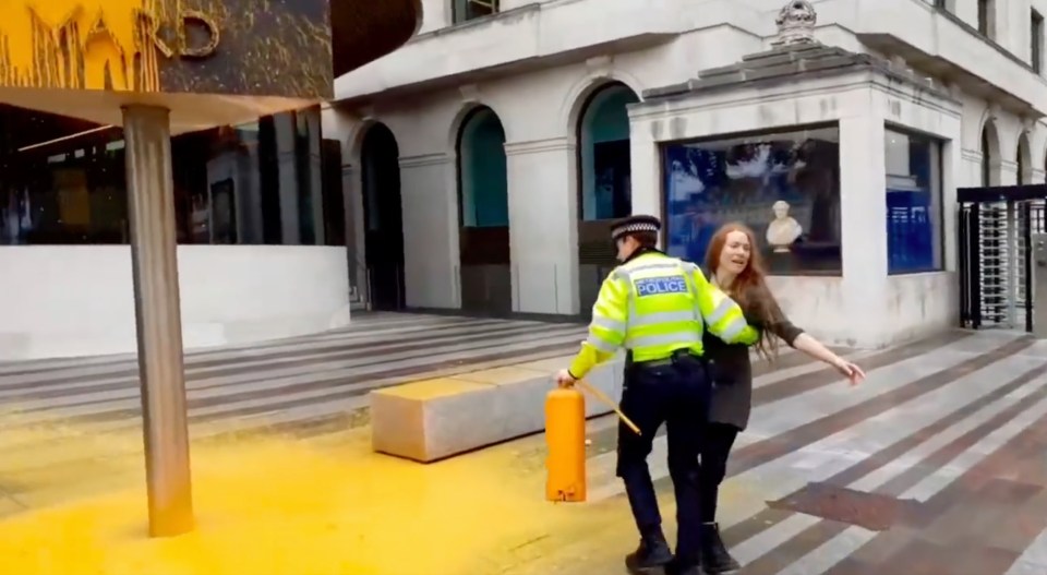 Screenshot from Just Stop Oil, where a demonstrator is arrested after spraying the New Scotland Yard sign with paint.