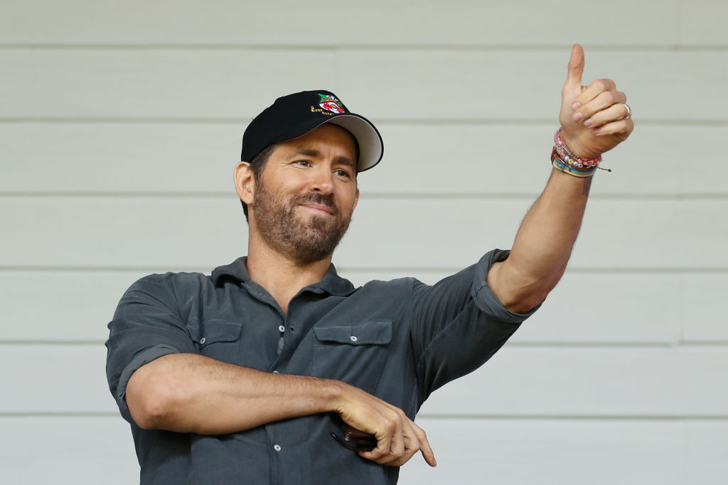 WREXHAM, WALES - MAY 28: Ryan Reynolds, Owner of Wrexham gives a thumbs up prior to the Vanarama National League Play-Off Semi Final match between Wrexham and Grimsby Town at Racecourse Ground on May 28, 2022 in Wrexham, Wales. (Photo by Lewis Storey/Getty Images)