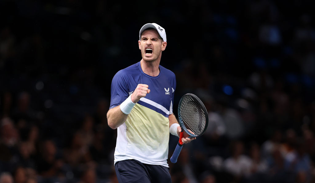 PARIS, FRANCE - OCTOBER 31:  Andy Murray of Great Britain celebrates a point against Gilles Simon of France in the first round during Day One of the Rolex Paris Masters tennis at Palais Omnisports de Bercy on October 31, 2022 in Paris, France. (Photo by Julian Finney/Getty Images)