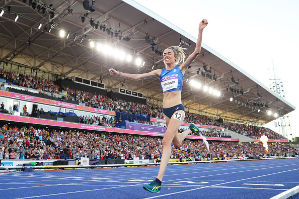 Eilish McColgan celebrates winning the silver medal in the Birmingham 2022 Commonwealth Games. (Photo by Michael Steele/Getty Images)