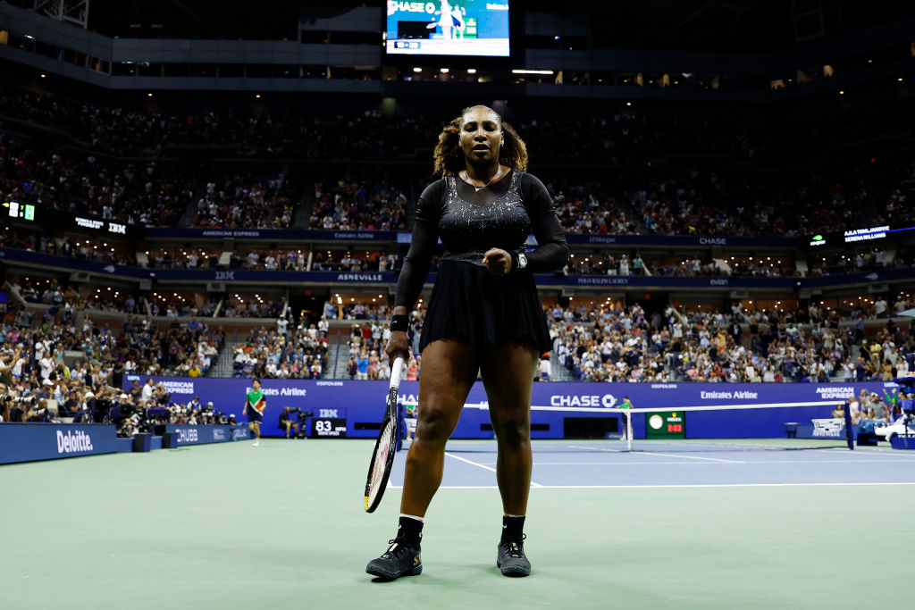 NEW YORK, NEW YORK - SEPTEMBER 02: Serena Williams of the United States reacts in the third set against Ajla Tomlijanovic of Australia during their Women's Singles Third Round match on Day Five of the 2022 US Open at USTA Billie Jean King National Tennis Center on September 02, 2022 in the Flushing neighborhood of the Queens borough of New York City. (Photo by Sarah Stier/Getty Images)