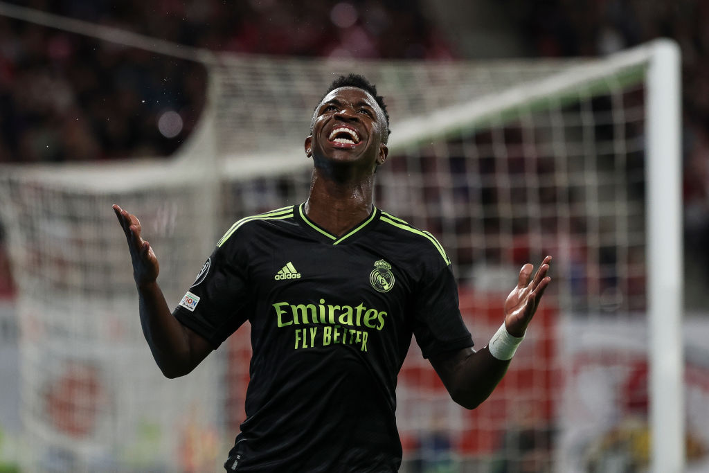 LEIPZIG, GERMANY - OCTOBER 25: Vinicius Junior of Real reacts during the UEFA Champions League group F match between RB Leipzig and Real Madrid at Red Bull Arena on October 25, 2022 in Leipzig, Germany. (Photo by Maja Hitij/Getty Images)