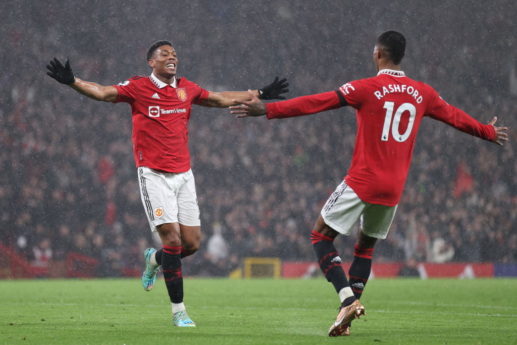 MANCHESTER, ENGLAND - DECEMBER 27: Anthony Martial of Manchester United celebrates after scoring their side's second goal with Marcus Rashford during the Premier League match between Manchester United and Nottingham Forest at Old Trafford on December 27, 2022 in Manchester, England. (Photo by Naomi Baker/Getty Images)