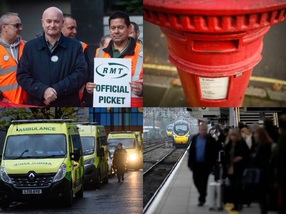 Rail, Mail, nurses and buses will be impacted by strikes.  TOP: RMT boss Mick Lynch and a famous red Royal Mail post box. Bottom, ambulances and commuters. (CREDIT: All Getty Images)