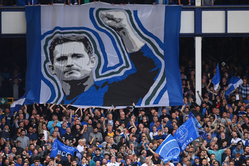 LIVERPOOL, ENGLAND - MAY 19: A Frank Lampard flag is seen inside the stadium prior to the Premier League match between Everton and Crystal Palace at Goodison Park on May 19, 2022 in Liverpool, England. (Photo by Gareth Copley/Getty Images)