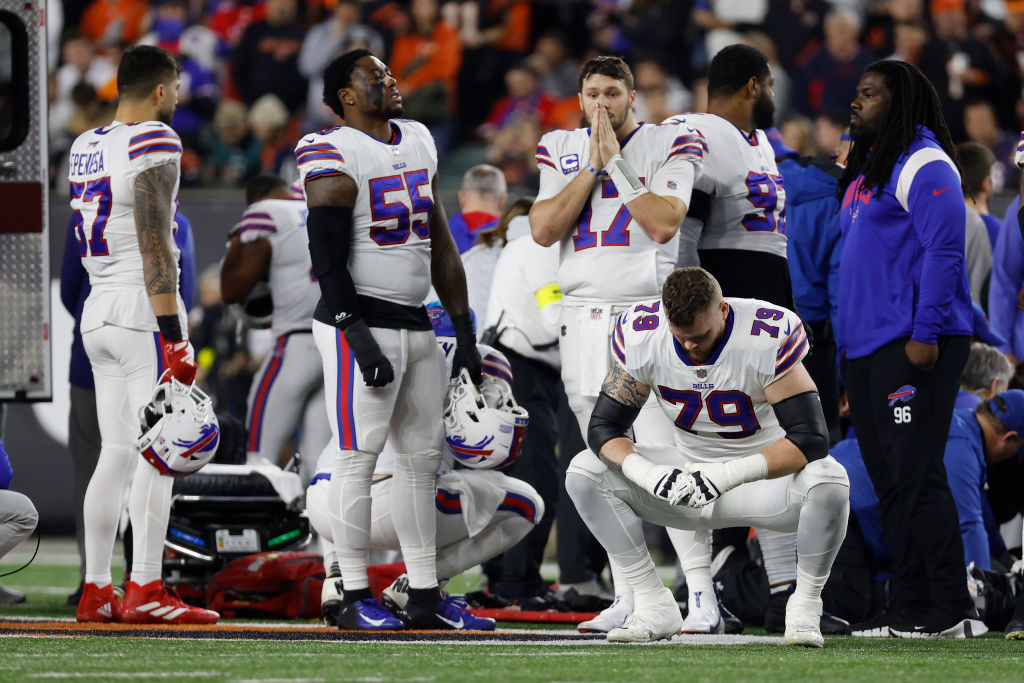 Buffalo Bills players were visibly distressed after team-mate Damar Hamlin received CPR and oxygen on the field during the NFL game