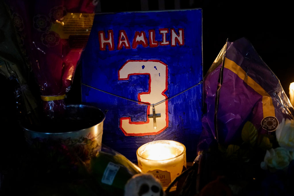 CINCINNATI, OHIO - JANUARY 03: A detail as fans hold a candlelight vigil for Buffalo Bills safety Damar Hamlin at University of Cincinnati Medical Center on January 03, 2023 in Cincinnati, Ohio. Hamlin suffered cardiac arrest and is in critical condition following the Bills' Monday Night Football game against the Cincinnati Bengals. (Photo by Jeff Dean/Getty Images)
