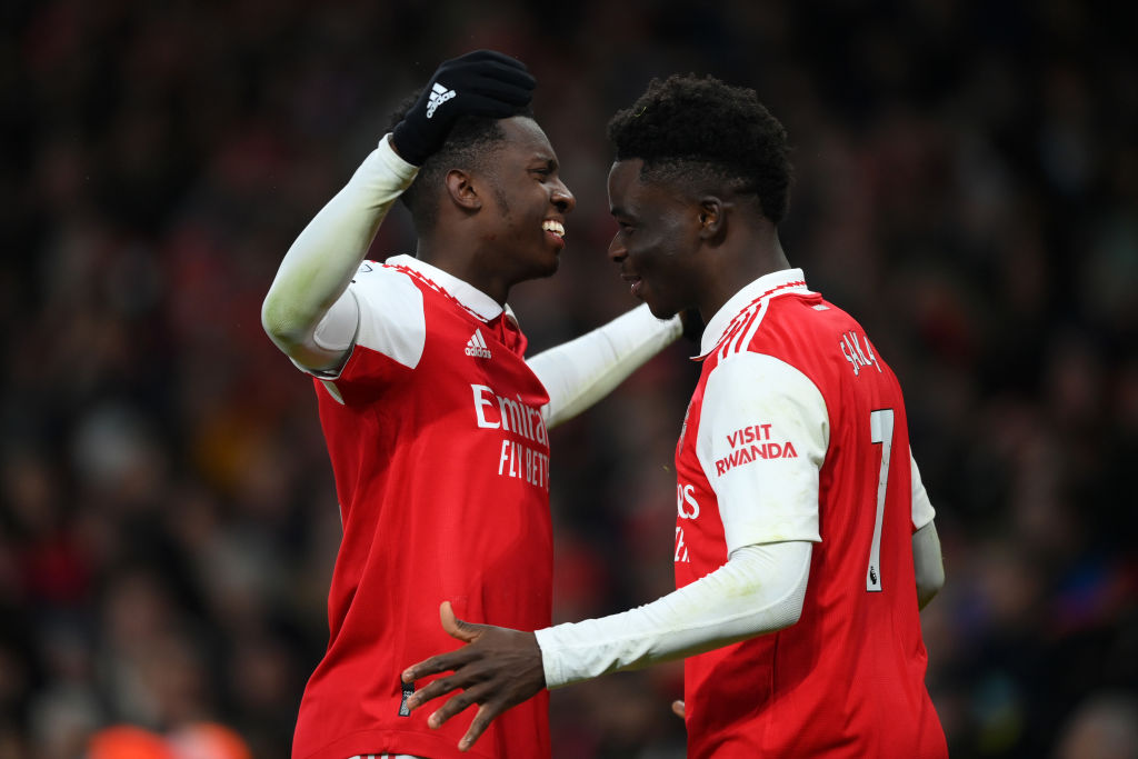 Eddie Nketiah (left) and Bukayo Saka (right) scored the goals as Arsenal beat Manchester United to maintain their Premier League lead