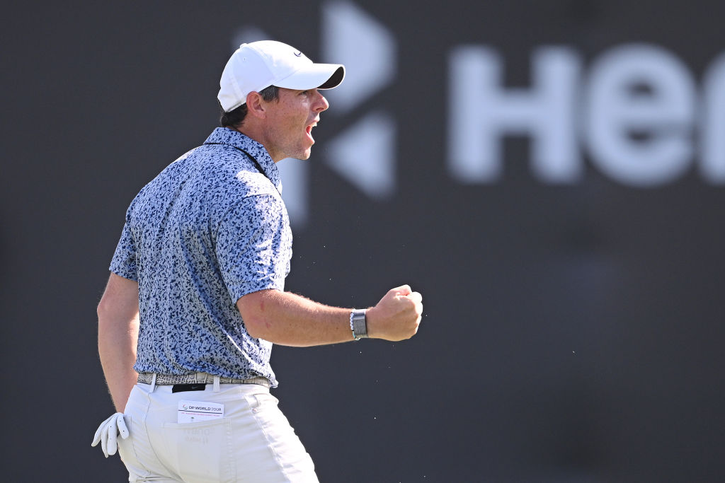 DUBAI, UNITED ARAB EMIRATES - JANUARY 30: Rory McIlroy of Northern Ireland celebrates victory on the 18th green in the Final Round on Day Five of the Hero Dubai Desert Classic at Emirates Golf Club on January 30, 2023 in Dubai, United Arab Emirates. (Photo by Ross Kinnaird/Getty Images)
