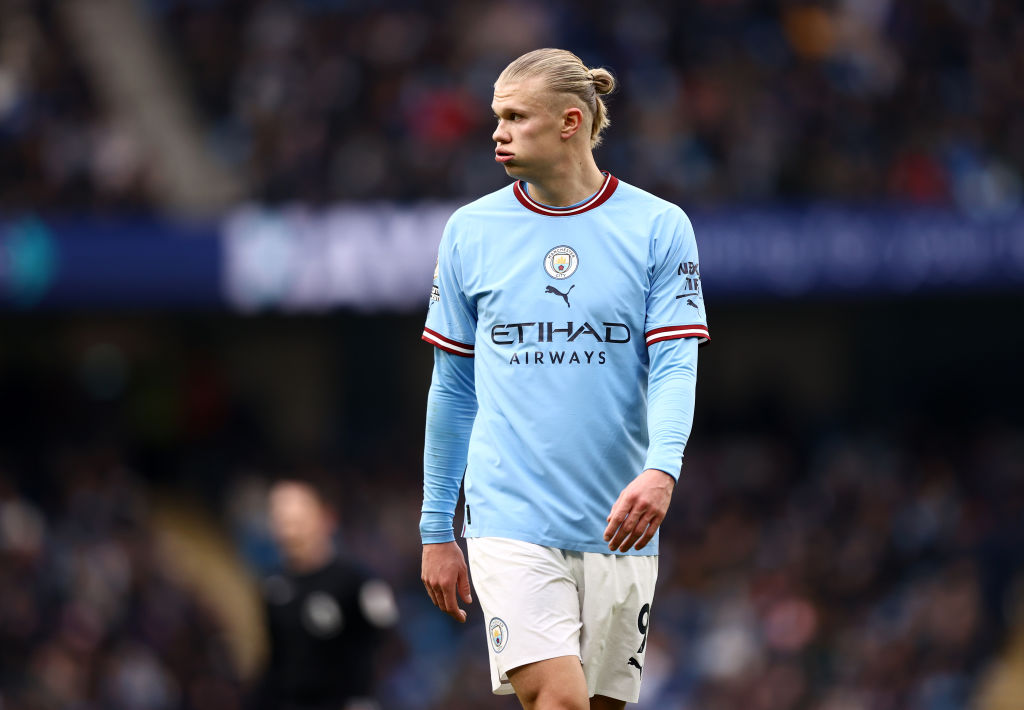 MANCHESTER, ENGLAND - JANUARY 22: Erling Haaland of Manchester City looks on during the Premier League match between Manchester City and Wolverhampton Wanderers at Etihad Stadium on January 22, 2023 in Manchester, England. (Photo by Naomi Baker/Getty Images)