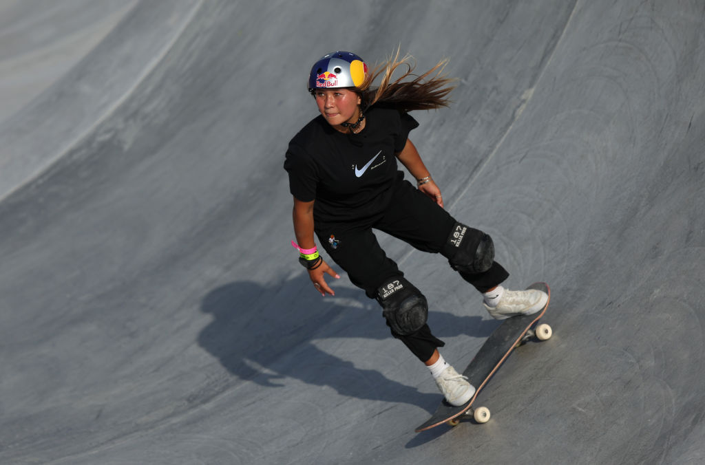 SHARJAH, UNITED ARAB EMIRATES - FEBRUARY 08: Sky Brown of Great Britain practice prior to Women's Park Qualifiers during the Sharjah Skateboarding Street and Park World Championships 2023 on February 08, 2023 in Sharjah, United Arab Emirates. (Photo by Francois Nel/Getty Images)