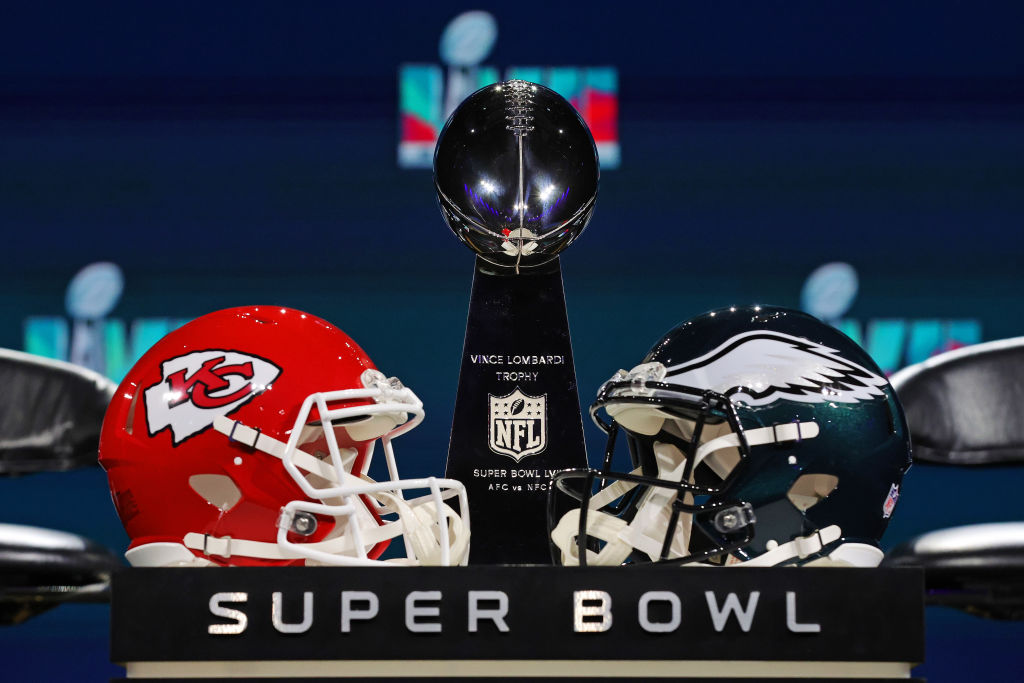 PHOENIX, ARIZONA - FEBRUARY 08: A view of the Vince Lombardi Trophy and the helmets of the Kansas City Chiefs and the Philadelphia Eagles before a press conference for NFL Commissioner Roger Goodell at Phoenix Convention Center on February 08, 2023 in Phoenix, Arizona. (Photo by Peter Casey/Getty Images)