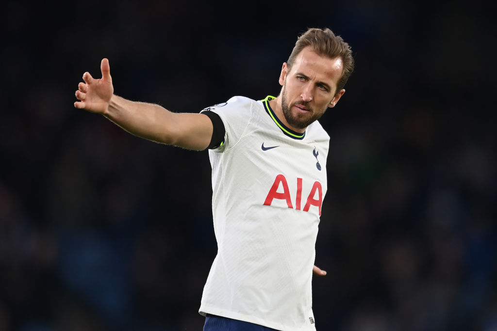 LEICESTER, ENGLAND - FEBRUARY 11: Harry Kane of Tottenham gestures during the Premier League match between Leicester City and Tottenham Hotspur at The King Power Stadium on February 11, 2023 in Leicester, England. (Photo by Michael Regan/Getty Images)