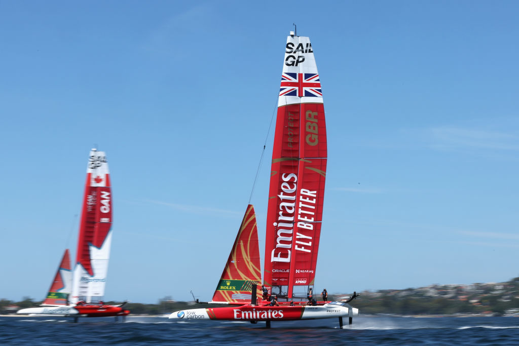 SYDNEY, AUSTRALIA - FEBRUARY 16: Canada SailGP team and Great Britain SailGP Team train during a practice session ahead of SailGP Australia at Sydney Harbour on February 16, 2023 in Sydney, Australia. (Photo by Cameron Spencer/Getty Images)