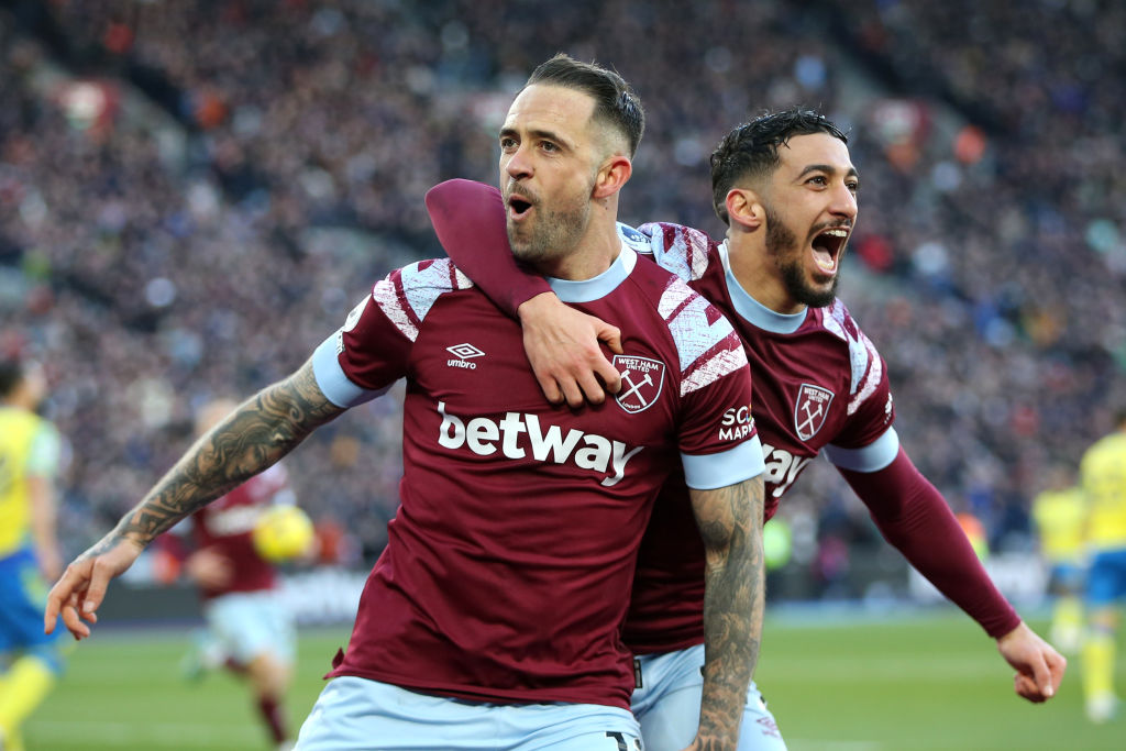 LONDON, ENGLAND - FEBRUARY 25: Danny Ings of West Ham United celebrates after scoring their sides second goal during the Premier League match between West Ham United and Nottingham Forest at London Stadium on February 25, 2023 in London, England. (Photo by Steve Bardens/Getty Images)