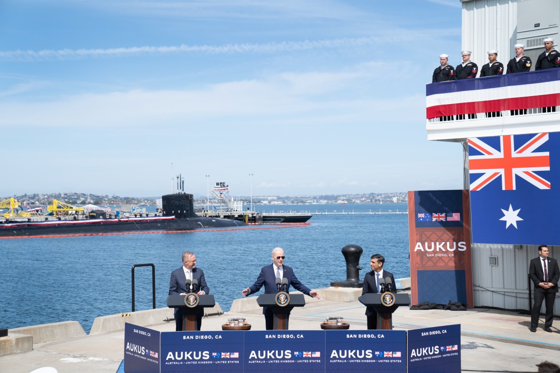 Prime Minister Rishi Sunak during a meeting with US President Joe Biden and Prime Minister of Australia Anthony Albanese at Point Loma naval base in San Diego, US, to discuss the procurement of nuclear-powered submarines under a pact between the three nations as part of Aukus, a trilateral security pact between Australia, the UK, and the US. Picture date: Monday March 13, 2023.